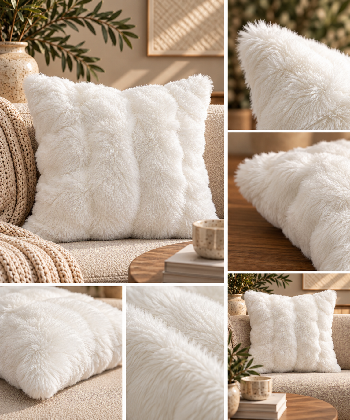 white fur cushion 45cm